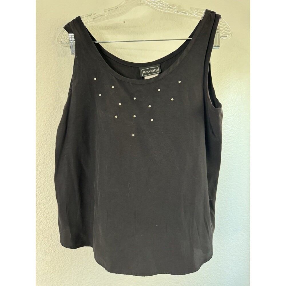 Vintage Anxiety Tank Top Womens Black Rhinestone Y2K Large Usa Made